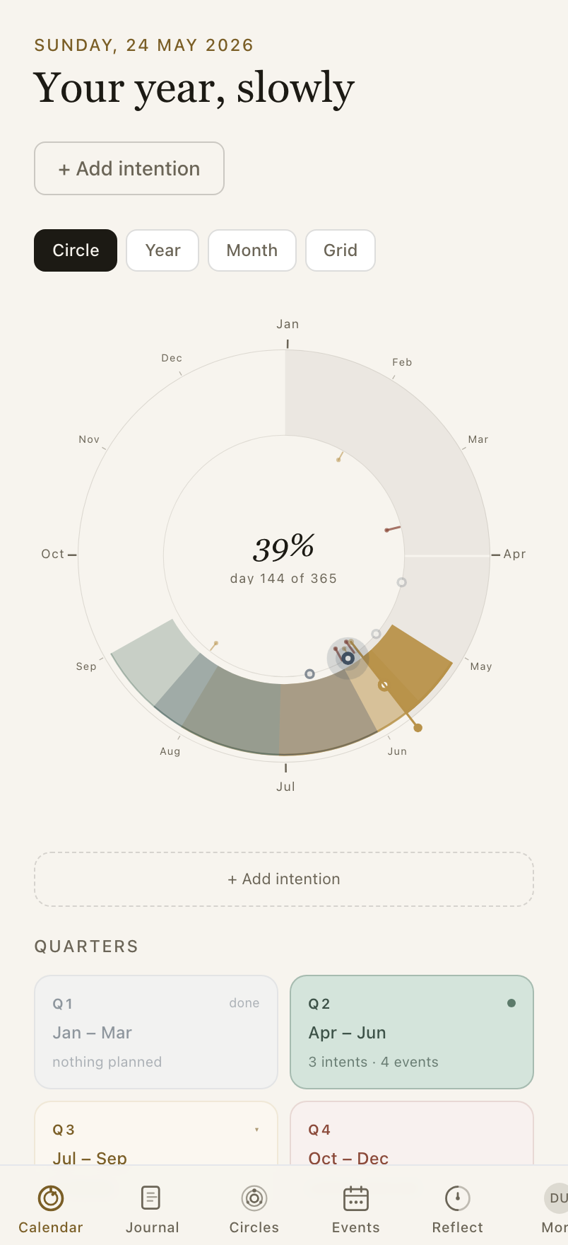 The Year Circle — intentions as arcs, events and birthdays as ticks.