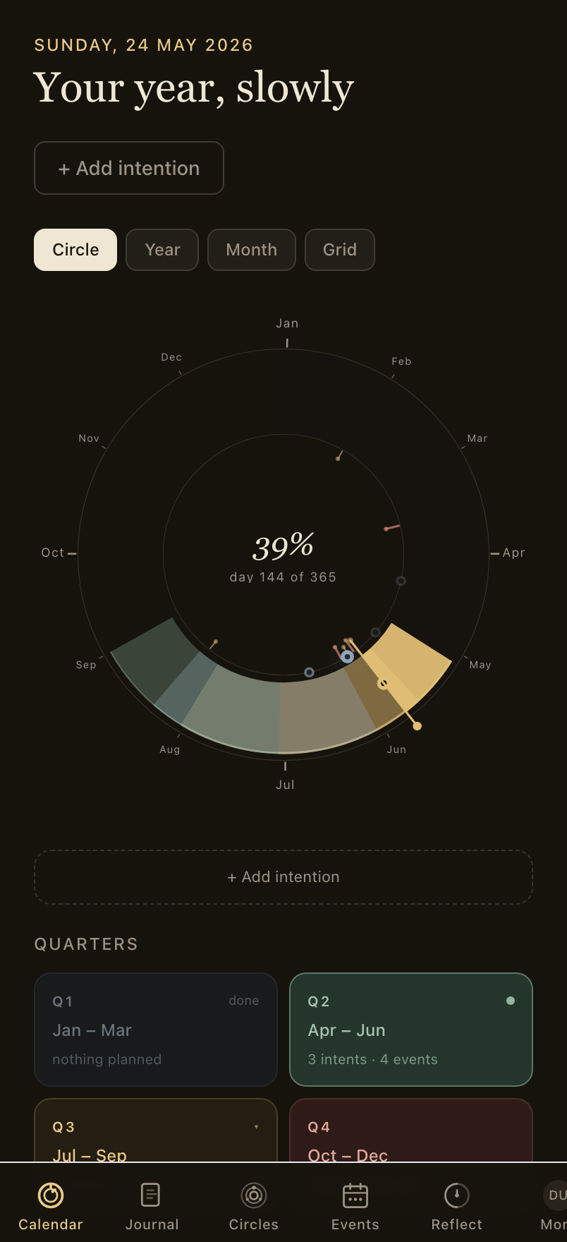 The Year Circle in dark mode.