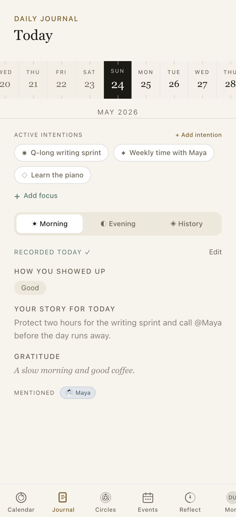 Morning — prime intent, virtue, and a gratitude.