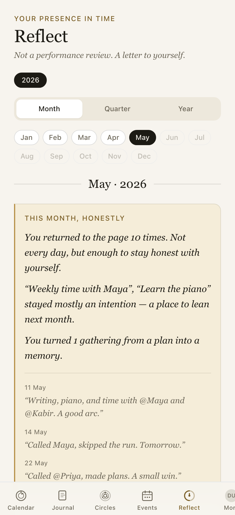 Reflect — step back over a month, quarter, or year.