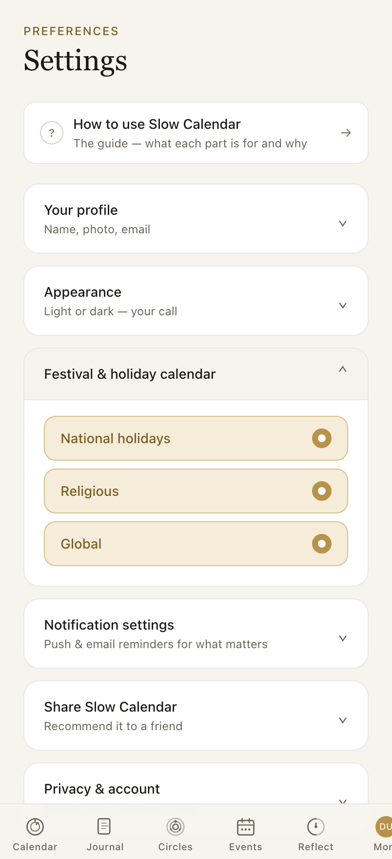 Pick which holiday sets show on your calendar.