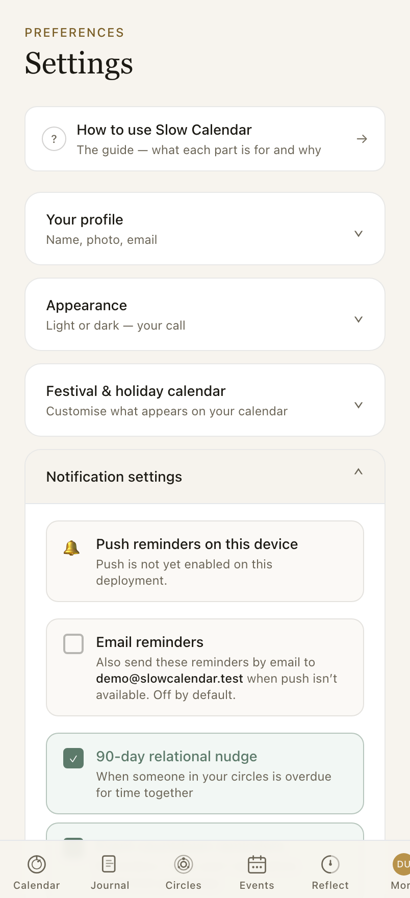 Push and email reminders — each one optional.